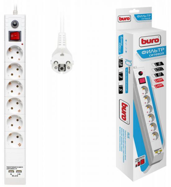 Сетевой фильтр Buro BU-SP1.8_USB_2A-W белый